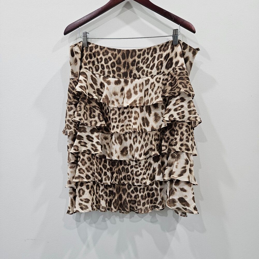 Talbots Womens Chiffon Leopard Print Ruffle Skirt 16P Brown Black Flowy Artsy